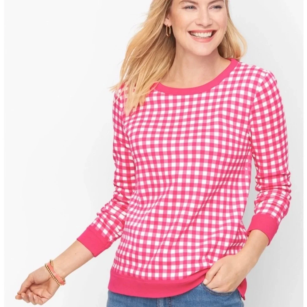 TALBOTS Punch Pink Gingham Crewneck Sweatshirt in XL Petite Style # P214013685 - Picture 1 of 5